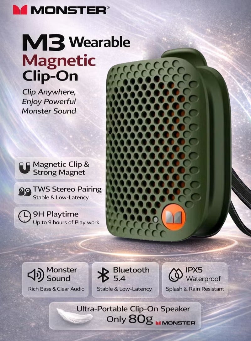 Monster M3 Wearable Portable Magnetic Bluetooth Speaker, Clip-On Design, Bluetooth 5.4, TWS Stereo, IPX5 Waterproof, 9H Playtime, Hands-Free Calls - Image 1